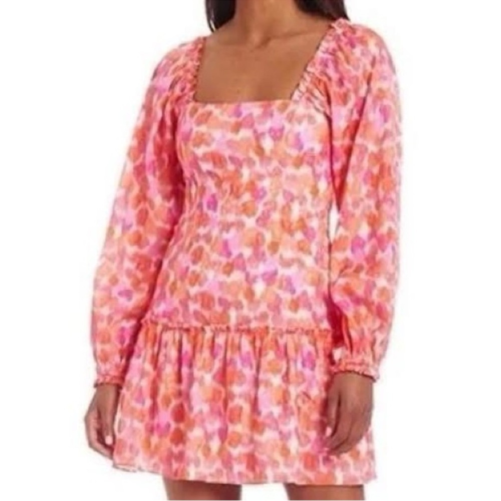Amanda Uprichard pink orange floral long sleeve dress square neck mini